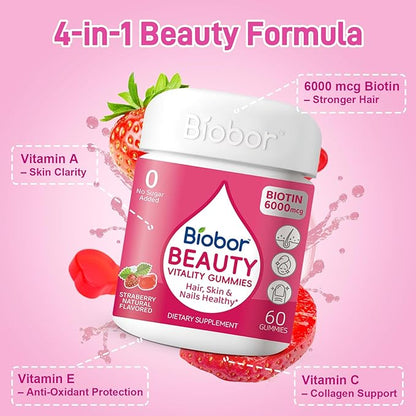 Biobor Beauty Gummies, Natural 6000mcg Biotin Gummies for Women Men, No Sugar Added Hair Skin and Nails with Vitamins A C E, GMO Free, Gluten Free,120 Count