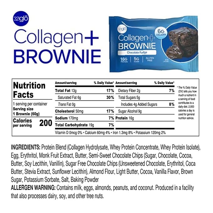 321glo Collagen Protein Brownie | Gluten Free, Low Sugar | Keto Snack for Women, Men, & Kids | 16g Protein, 6g Collagen | 12 Pack (12 Pack, Variety Pack)