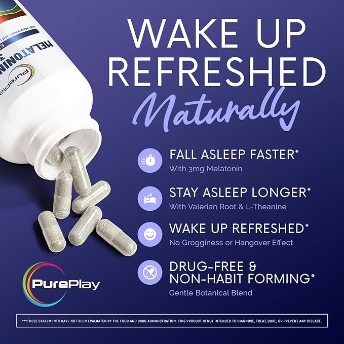 PurePlay Sleep Aids for Adults, Melatonin 3mg Complex with Magnesium and Ashwagandha, Non-Habit Forming Sleep Supplement, 60 Capsules, 30-Days Supply