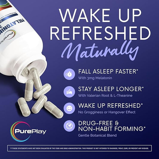 PurePlay Sleep Aids for Adults, Melatonin 3mg Complex with Magnesium and Ashwagandha, Non-Habit Forming Sleep Supplement, 60 Capsules, 30-Days Supply