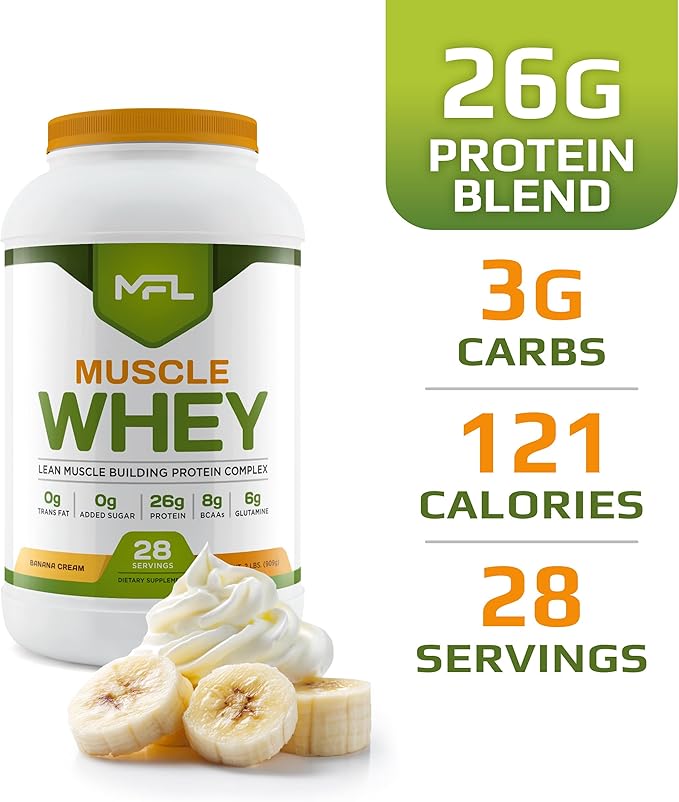 MFL Muscle Whey Protein l 28g of Protein l 8g BCAAs l Keto Friendly l Low Carbs l 2 lbs (Banana Cream)