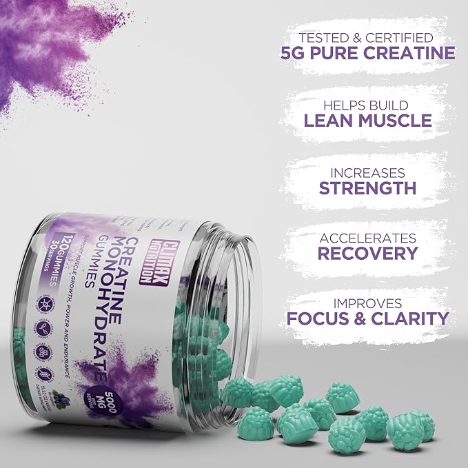 Creatine Monohydrate Gummies - Vegan, Sugar-Free, Gluten-Free - Boosts Muscle Recovery, Strength & Lean Muscle Growth - Brain Health Support - For Men & Women - Blueberry Flavor - 120 gummies