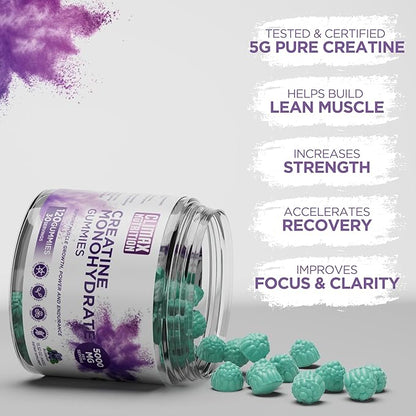 Creatine Monohydrate Gummies - Vegan, Sugar-Free, Gluten-Free - Boosts Muscle Recovery, Strength & Lean Muscle Growth - Brain Health Support - For Men & Women - Blueberry Flavor - 120 gummies