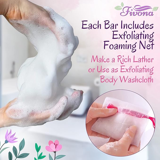 FIVONA Set of 5 Gentle Pink Yoni Herbal Soap Bars Ideal for Feminine Wash and Whole Body Cleanse Infused with Natural Ingredients - 5x 5.3 oz - Includes Exfoliating Scrubber Foaming Net