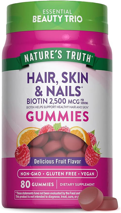 Nature's Truth Hair Skin and Nails Gummies | 80 Count | 2500mcg of Biotin | Vegan, Non-GMO, Gluten Free Supplement | Vitamin for Women & Men