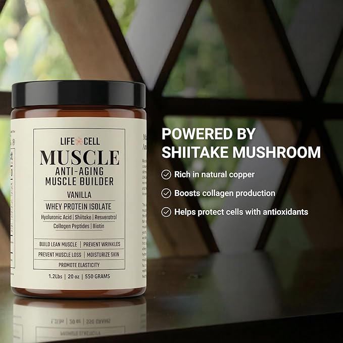 LifeCell Whey Protein – Anti-Aging Muscle Builder with Shiitake Mushroom, Collagen & Hyaluronic Acid – Vanilla, No Sugar Added, Soy-Free, Gluten-Free, 550g
