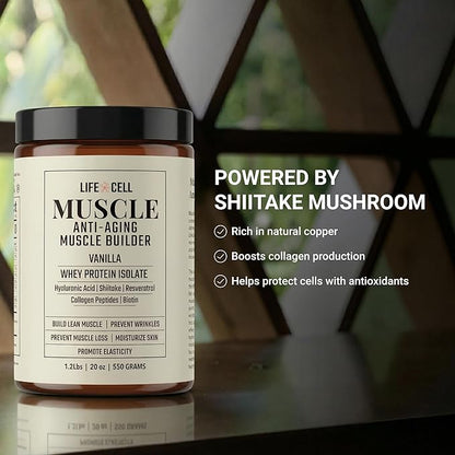 LifeCell Whey Protein – Anti-Aging Muscle Builder with Shiitake Mushroom, Collagen & Hyaluronic Acid – Vanilla, No Sugar Added, Soy-Free, Gluten-Free, 550g
