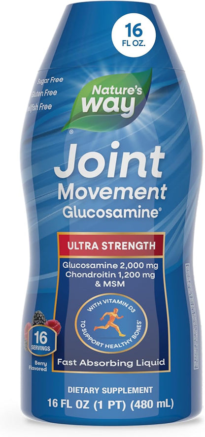 Nature’s Way Ultra-Strength Joint Movement Glucosamine Liquid, Glucosamine, Chondroitin, MSM with Vitamin D3 & Hyaluronic Acid, Fast-Absorbing Liquid, Joint Support Supplement*, Berry Flavored, 16 Oz