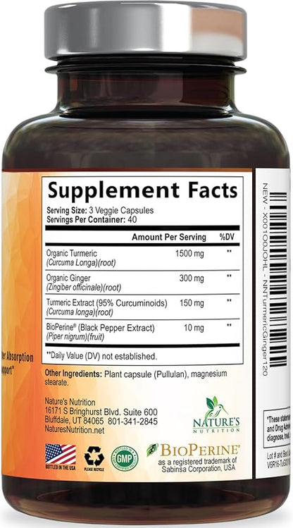 Turmeric Curcumin Supplement - 95% Curcuminoids with Organic Turmeric & Ginger, BioPerine Black Pepper Extract for Best Absorption, Natural Vegan Joint Support, Non-GMO, Bottled in USA - 120 Capsules