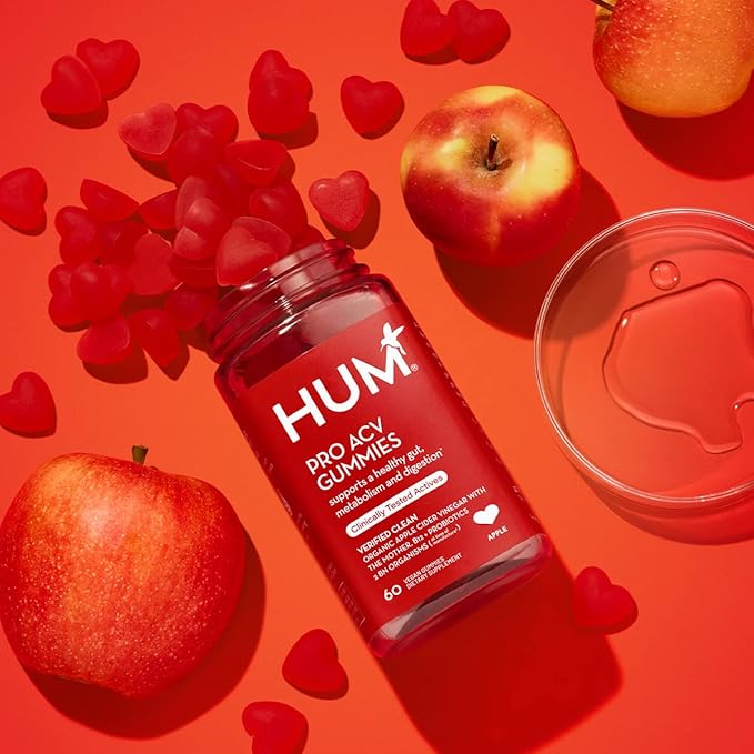 HUM Pro Apple Cider Vinegar Gummies with Probiotics for Digestive Health & Gut Health,100% Organic Apple Cider Vinegar with Mother Gummy Vitamins, Vitamin B12 for Energy Support, 60 ACV Gummies