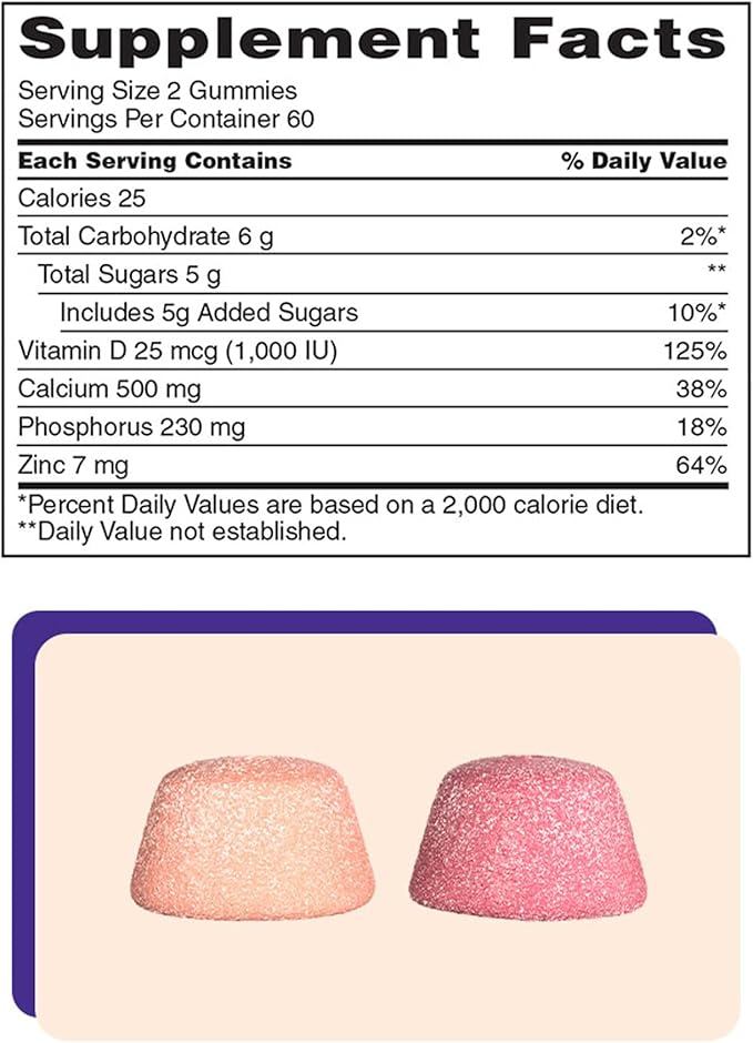 KS Calcium 500 mg with Vitamin D3 1000 IU & Zinc – 120 Gummies (2-Month Supply) – Bone, Teeth & Immune Support for Adults – Natural Orange & Cherry Flavors – USP Verified