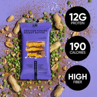 TRUBAR Vegan Protein Bar, Smother Fudger Peanut Butter, Gluten Free, Plant Based Protein, Dairy Free, Non GMO, Soy Free, No Sugar Alcohols, 12G Protein, 13G Fiber, Healthy on the Go Snack Bars, 12 CT