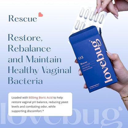 LoveBug Women's Health Rescue Vaginal Boric Acid Suppositories for Women - Fast Acting Suppository for Odor, Discharge, Yeast, and pH Balance with Coconut Oil, Hyaluronic Acid & Vitamin E, 14 ct