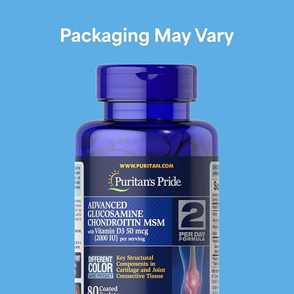 Puritan's Pride Advanced Glucosamine Chondroitin MSM With Vitamin D3 50mcg (2000 IU), Dietary Supplement for Joint Health, 80 Coated Tablets