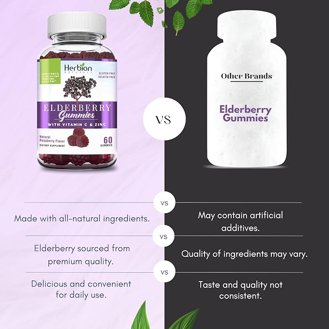 HERBION Elderberry Gummies with Vitamin C & Zinc - Healthy Immune System Support - Gluten-Free & Gelatin-Free - 60 Gummies for Adults & Children 4 Years & Above - Made in USA. (180 Count (Pack of 3)