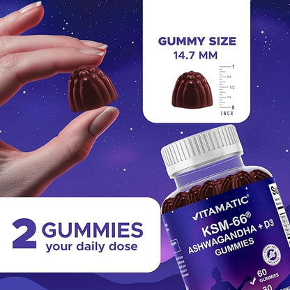 Vitamatic KSM-66® Ashwagandha + D3 Gummies – Natural Blue Raspberry Flavor – Sugar Free, Gluten Free, Non-GMO – 60 Gummies
