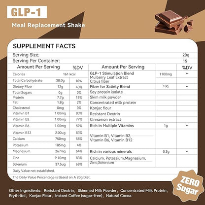 GLP-1 Supplement Shake & Meal Replacement Powder - with 12g Fiber to Promote Fullness, Supports Gut Health, Metabolism & Natural GLP-1 Booster, Sugar Free, Chocolate Coffee Flavor,10.58 OZ