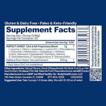 BodyHealth PerfectAmino Powder - BCAA and EAA Powder for Pre and Post Workout - Amino Acid Energy Drink for Men and Women to Support Lean Muscle and Recovery - Mocha - 30 Servings