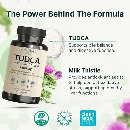VINATURA TUDCA Milk Thistle 1250mg - Tudca Supplement, Tudca Bile Salts, Liver Support, Gallbladder Supplements *USA Made and Tested* Bile Salts Supplement - 90 Capsules