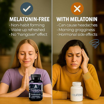 DormiOn™ Sleep + Restore + Stress Supplement | Herbal Sleep Aid for Women & Men | No Melatonin, Non-Habit Forming | Ashwagandha, GABA, Valerian & Magnesium | Vegan, 60 Capsules