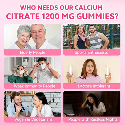 Calcium Citrate Gummies 1200mg for Adults & Kids, Chewable Calcium Citrate for Bone, Muscle & Immune Support, Bioavailable Calcium Supplements for Women & Men, Raspberry Flavor, 120 Count