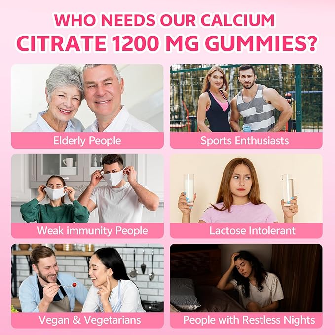 Calcium Citrate Gummies 1200mg for Adults & Kids, Chewable Calcium Citrate for Bone, Muscle & Immune Support, Bioavailable Calcium Supplements for Women & Men, Raspberry Flavor, 60 Count