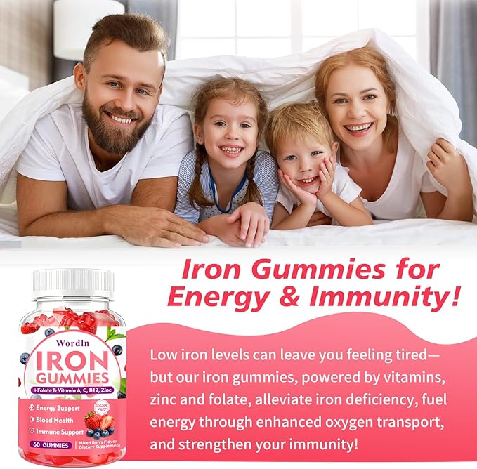 Iron Gummies for Women, Men & Kids, Vegan Iron Supplement with Vitamin C, B12, Folate for Energy Support & Immune Health, Sugar Free, 60 Gummies (Pack of 1)