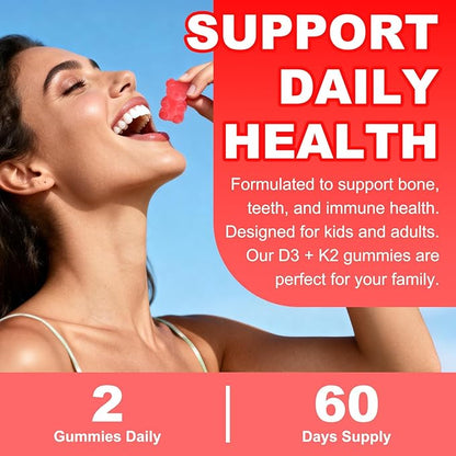 Sugar Free Vitamin D3 K2 Gummies - Vitamin D Gummies with VD3, VK2, 7 Essential Vitamins - Supports Bone, Muscle, Teeth & Immune - Vegan, Non-GMO, Strawberry Flavor, 120 Count
