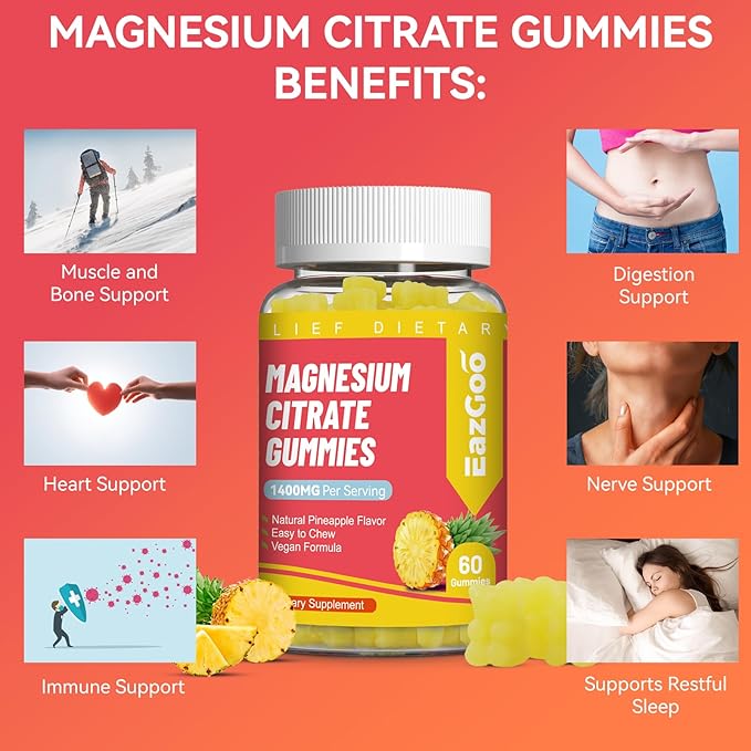 1400MG Magnesium Citrate Gummies, High Absorption Magnesium Gummies for Adults, Extra Strength Magnesium Gummy Supplement for Healthy Relaxation, Vegan, Non-GMO, 60 Count