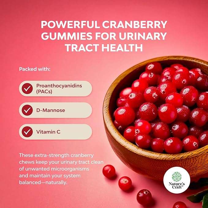 Natural Cranberry Gummies for Women and Men - Extra Strength Delicious Antioxidant Cranberry Chews for Urinary Tract Health Kidney Support Bladder & Immune Health - Vegan Gluten & Gelatin Free - 60ct