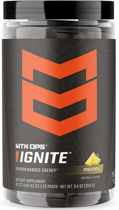 MTN OPS Ignite Sugar Free Energy Drink Powder Trail Packs with 200mg Caffeine, Travel Pre Workout Packets for to-Go Energy, Nootropic Blend, L Arginine & L Citrulline, 20 Servings, Pineapple Crush