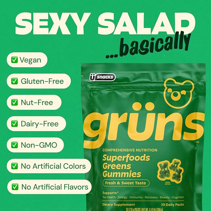 Gruns Adult Super Greens Multivitamin Gummies, Superfood Gummy Vitamins for Women and Men with Spirulina, Chlorella, Adaptogens & Prebiotic Fiber for Digestive Health (28 Count) (Pack of 2)