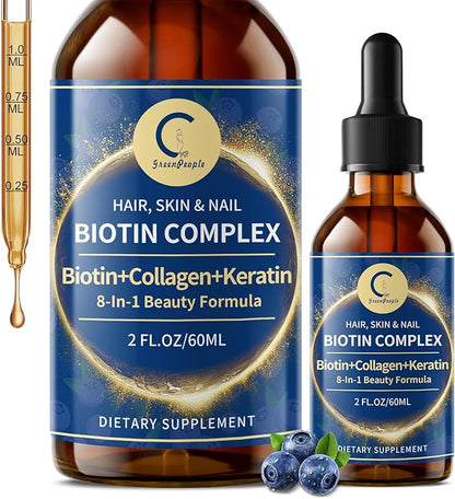 Liquid Biotin & Collagen Drops 20,000mcg--High Potency Hair Growth Vitamin Support - Biotin and Liquid Collagen Supplement for Women & Men - Glowing Skin Support, Healthy Hair & Nail Growth - 2 Fl Oz