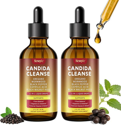 Candida Cleanse & Parasite Cleanse Detox | Black Pepper-Boosted Triple-Targeting Formula with Caprylic Acid, Oregano, Black Walnut | Gut Health, Immune Support 2 Fl Oz (Pack of 2)