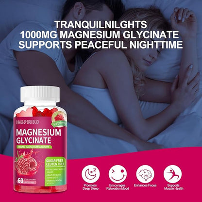 Magnesium Glycinate Gummies 1000mg - Sugar-Free Magnesium Potassium Supplement with Vitamin D, B6, CoQ10 for Adults & Kids,High Absorption for Calm Mood & Sleep Support - 60 Raspberry Gummies