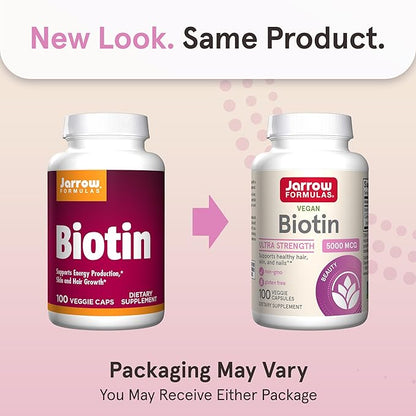 Jarrow Formulas® Biotin Ultra Strength 5000 mcg, Dietary Supplement, Hair, Skin, and Nails Support, 100 Veggie Capsules, Up to 100 Day Supply