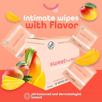 Sweetums Feminine Wipes For Women, Individually Wrapped - pH Balanced Flavored Intimate Wipes - Mango, Pack of 10