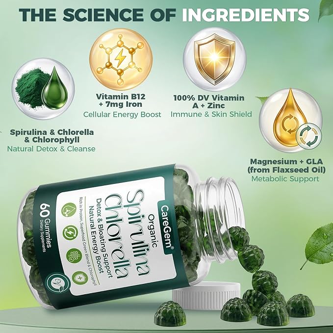 38-in-1 Super Greens Gummies with Sea Moss, Spirulina, Chlorella - Bloating Relief & Gut Health - 100% DV Vitamin A, B12, Iron, Magnesium - Energy & Immunity, Vegan, Green Apple, 60 Cts