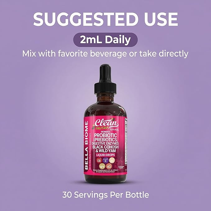 Liquid Probiotics for Women Drops with Chasteberry, Black Cohosh, Prebiotics, Digestive Enzymes, Evening Primrose Oil, Wild Yam, Cranberry Dmannose and Iron Vitamin D3 K2 Clean Nutra Bella Biotics
