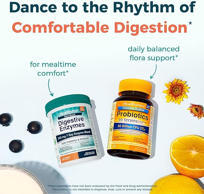 NewRhythm Digestive Enzymes 245 mg, with Probiotics and Prebiotics, Plant Based, 7 Key Enzymes, Digestion, Nutrient Absorption, Protease Amylase & Lipase, 60 Vegan Capsules