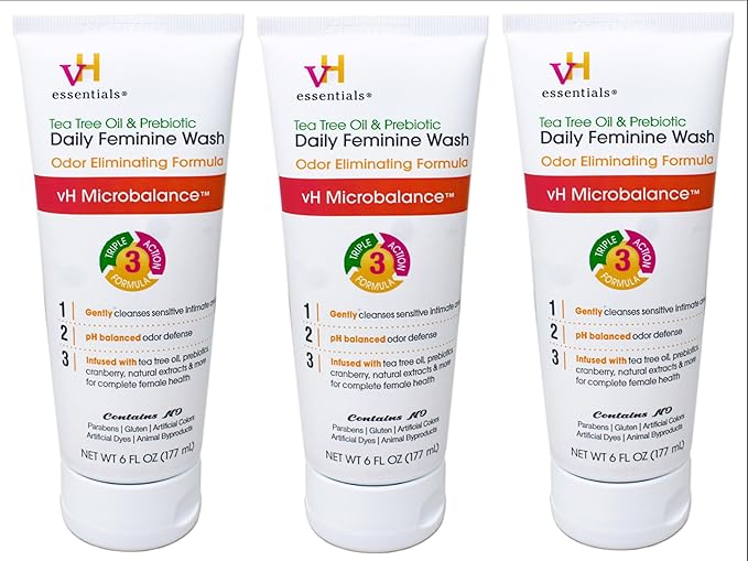 vH essentials Intimate Feminine Wash, pH Balanced with Tea Tree Oil, Cranberry, Prebiotics Odor Eliminating Formula, 6 FL OZ - 3 Pack