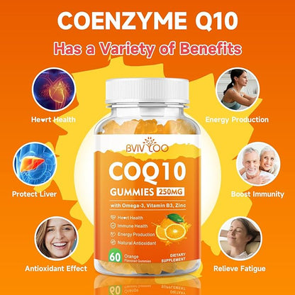 CoQ10 Gummies 250mg, Plus Omega-3, Vitamin B3 & Zinc, Magnesium - High Absorption Coenzyme Q10 Supplements for Heart Health, Cellular Energy, & Antioxidant Support, 60 Count