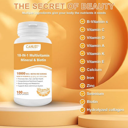 Hair Skin and Nails Multi-Vitamin for Men & Women, 10000mcg Biotin & Multimineral, Contains B-Vitamins, Vitamins C, E & D3, Trace Minerals, Zinc, Gluten-Free, Dairy-Free, Soy-Free, 100 Tablets