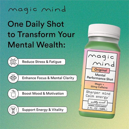 Magic Mind Energy And Focus Drink Shots - Stress Relieving, No Jitters, Ashwagandha, Vitamin B12, Vitamin C, Matcha Green Tea, Functional Mushrooms - 2 FL Oz (15 Pack)
