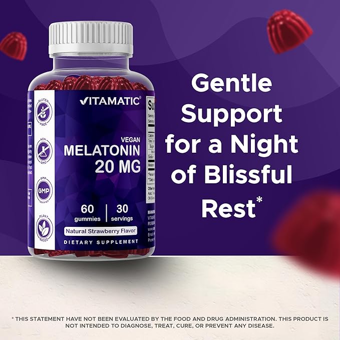 Vitamatic Melatonin 20 mg Gummies for Adults, 30 Servings - 60 Vegetarian Gummies - Non-Habit Forming Supplement