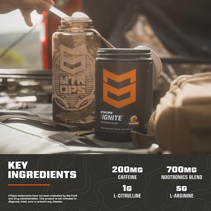 MTN OPS Ignite Sugar Free Energy Drink Powder with 200mg Caffeine, Nootropic Blend for Energy, Focus & Endurance, L Arginine & L Citrulline Pre Workout, 45 Servings, Huckleberry Lemonade