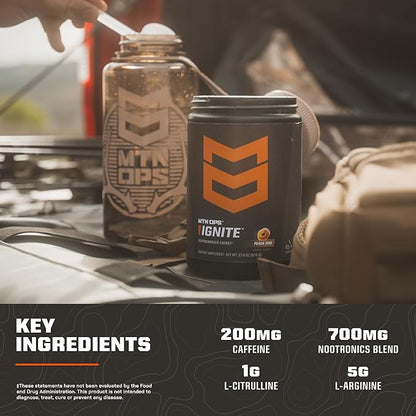 MTN OPS Ignite Energy Drink Powder, Gluten Free Nootropic Supplement Drink Mix, L Arginine, L Citrulline, Caffeine & Nootropic Sugar Free Drink Mix, 45 Servings, Bull Rush