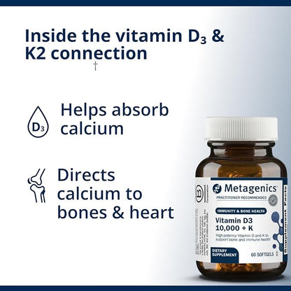 Metagenics Vitamin D3 + K - for Artery Health, Immune Support, Bone & Heart Health* - Vitamin D with MK-7 (Vitamin K2) - Non-GMO - Gluten-Free - 60 Softgels - 10,000 IU