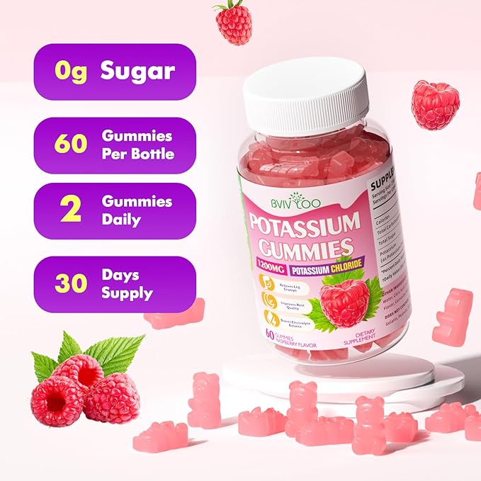 Potassium Gummies for Adults with 1200mg Potassium Chloride - Supports Muscle Health & Leg Cramps, Raspberry Flavor, 60 Count
