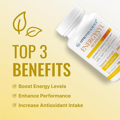 Approved Science Energysyl - Caffeine Free - with Adaptogens, B Vitamins, and Bioperine - 3 Month Supply - 180 Capsules
